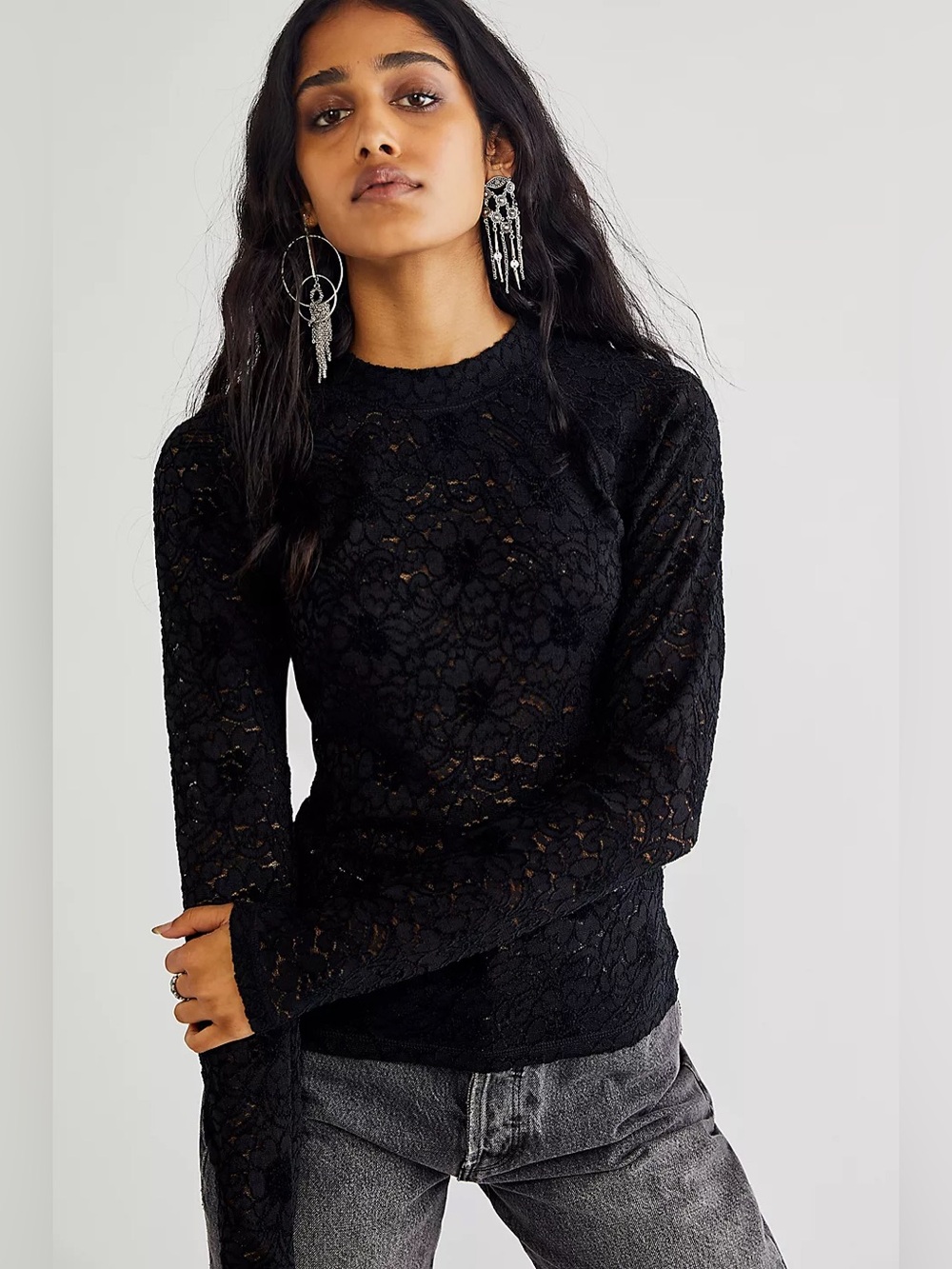 Free People Cloud Ride Black Lace Crewneck Long-Sleeve Layering Top Size Large